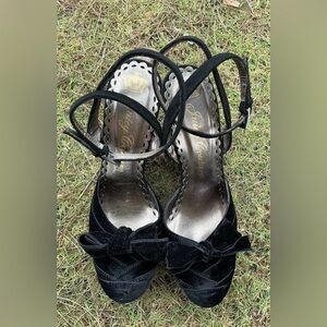JUICY COUTURE Y2K Black Velvet Velour Stappy Wedges Shoes‎ Whimsigoth Punk Rock